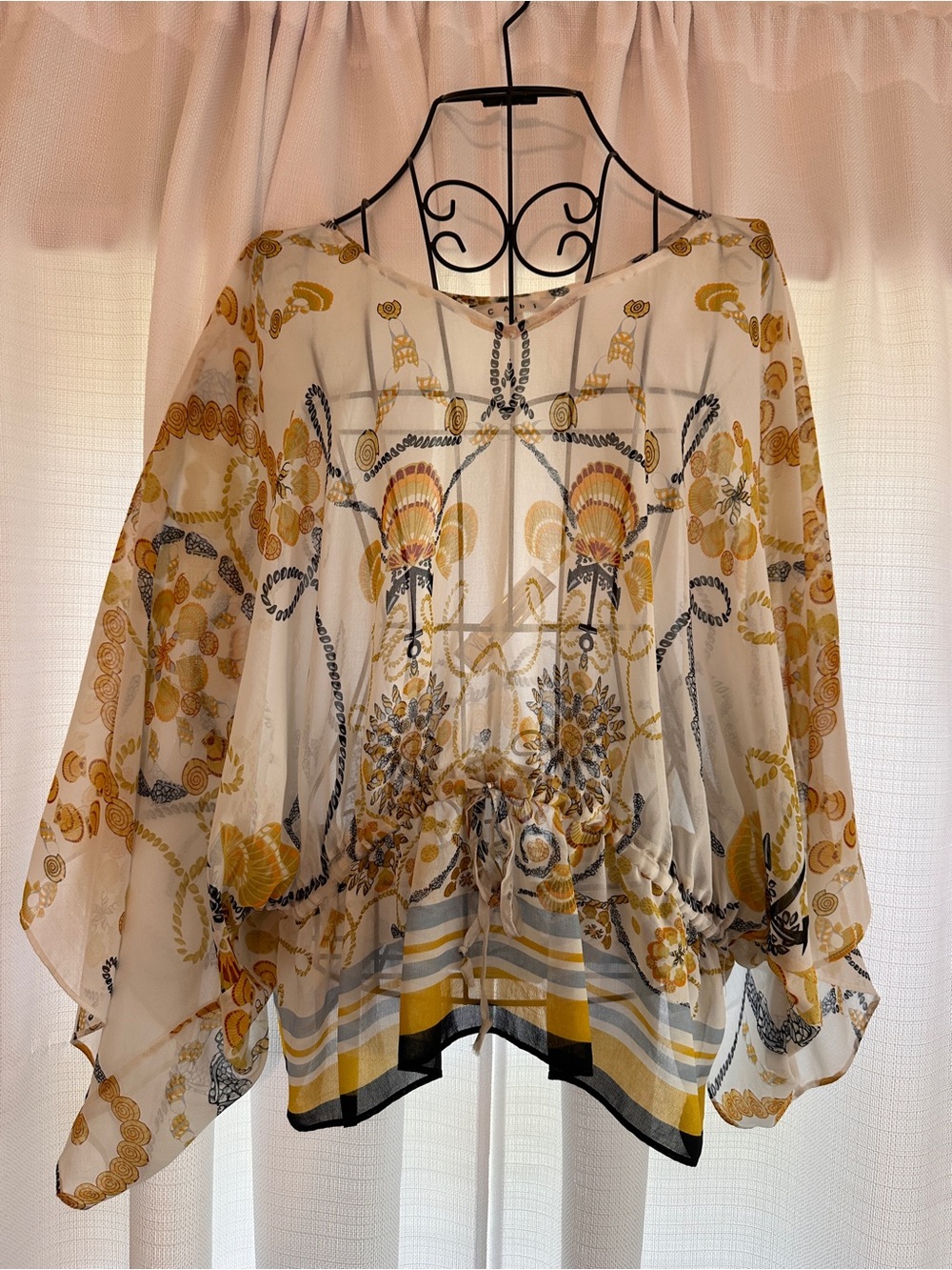 CAbi Sheer Flowy Nautical Chain-Print Blouse in White, Yellow and Blue